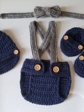 Crochet Baby Boy Suspenders Newsboy Hat Diaper Cover Outfit Photo Prop